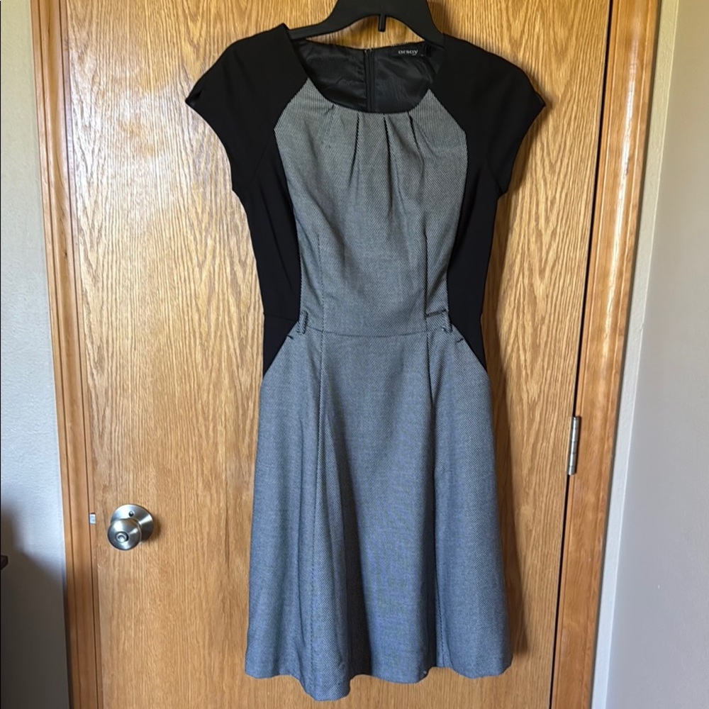 Gray and Black Pleated A-Line Midi Dress